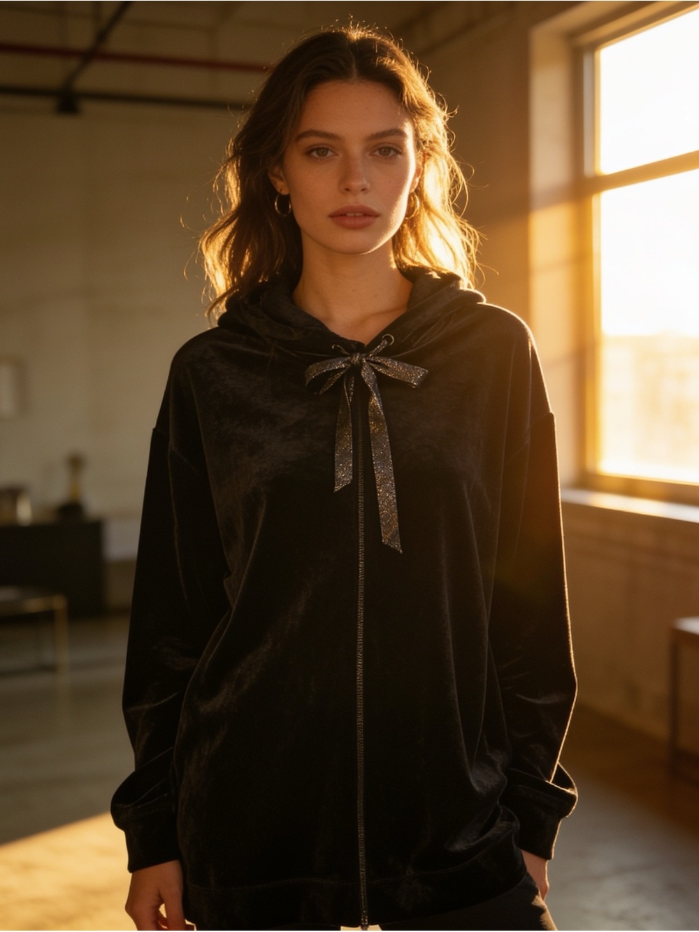 Chico's Black Velour Zip Hoodie with Sparkle Tie-size 1 (8-10)